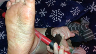 Soles showing whore with feet tied to a broomstick is blindfolded and fucked hard by a small dick