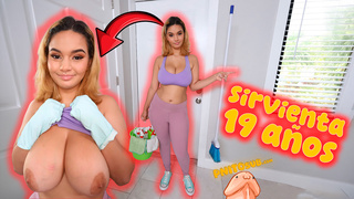 Sub español Sirvienta jovencita de 19 años y tetas enormes es follada por dinero