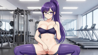 Anime fitness nerd girl busty using fitness leggins in the gym with glasses touching herself hentai