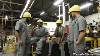 CHRISTIE STEVENS Fucked by a flock of blacks in the factory hall