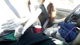 Risky Public Handjob and Cum in Redhead's Mouth in Car