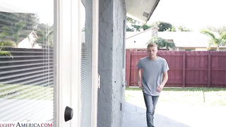 Busty blonde fucks her friend’s brother in her friend’s new room