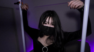 I'm wearing black thigh-high stockings and high heels.I've been bound and toyed with by someone.