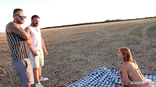 Rough outdoor threesome redhead